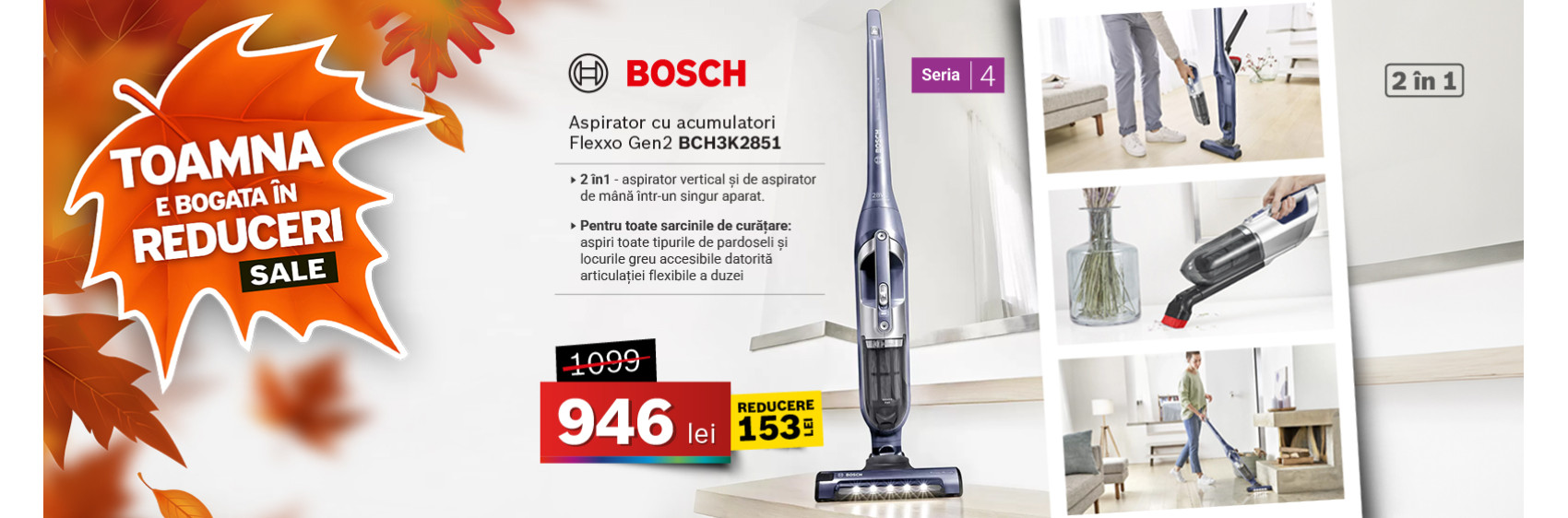 aspirator vertical Bosch BCH3K2851 cu acumulatori Flexxo Gen2