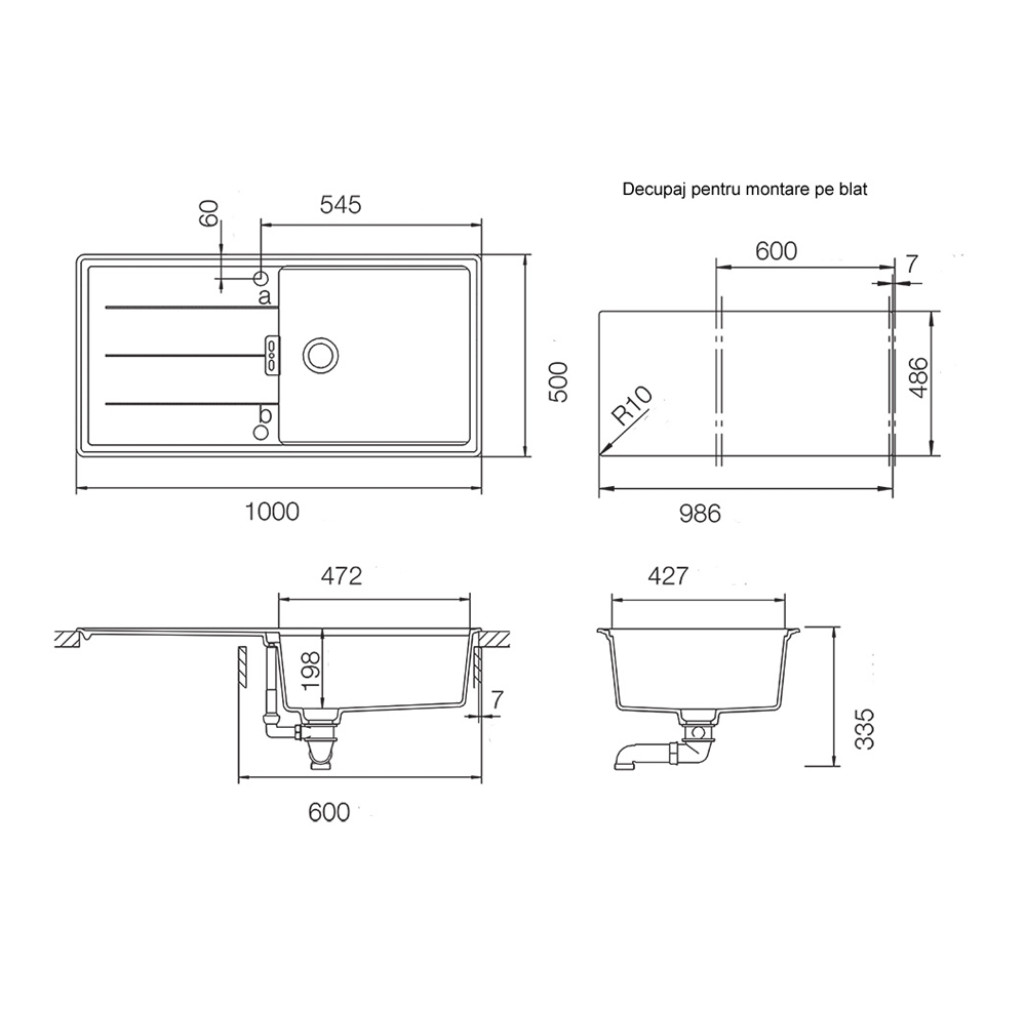 TIAD100LPOLASA Chiuveta bucatarie Schock Tia D-100L Cristadur Polaris 1000 x 500 mm cu sifon automat, granit, reversibila, montare pe blat, alb polar -  SCHOCK TIAD100LPOLASA imagine 1