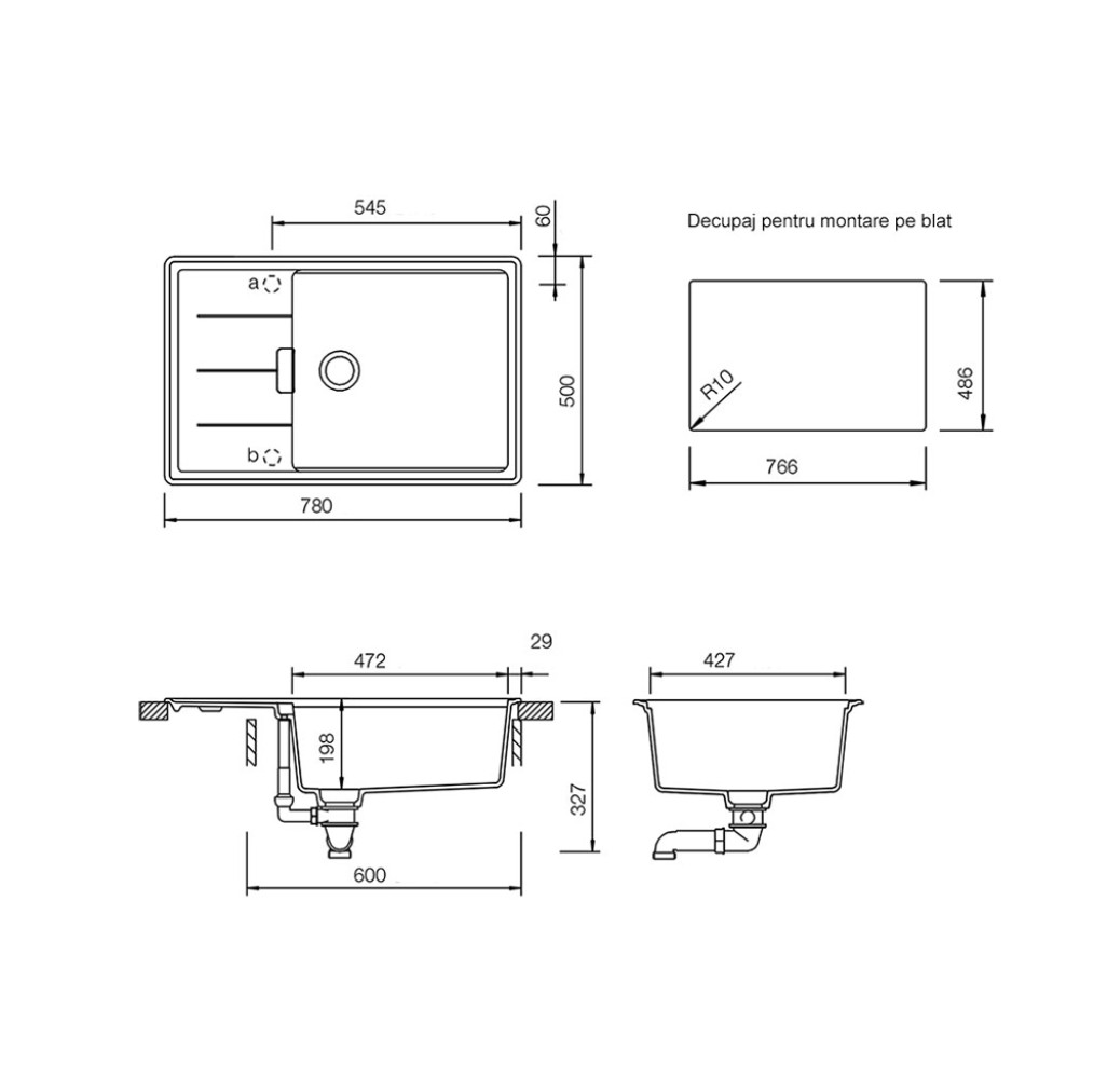 TIAD100LSMAGMSA Chiuveta bucatarie Schock Tia D-100LS Cristadur Magma 780 x 500 mm cu sifon automat, granit, reversibila, montare pe blat, negru metalizat -  SCHOCK TIAD100LSMAGMSA imagine 1