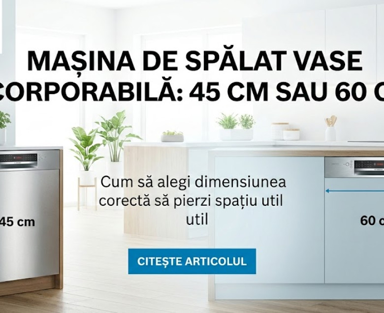 Mașina de spălat vase incorporabilă de 45 cm sau 60 cm? Cum să alegi dimensiunea corectă fără să pierzi spațiu util
